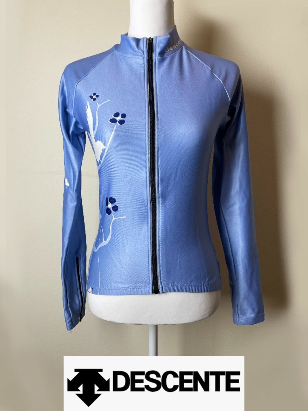 Descente Blue Full-Zip Long Sleeve Cycling Jersey Top Floral Bird Women's Small
